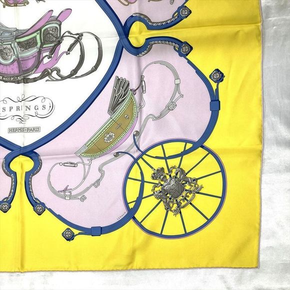 Hermes Carre 90 Springs Carriage Ledoux Scarf Silk Yellow Pink Women - Picture 5 of 9
